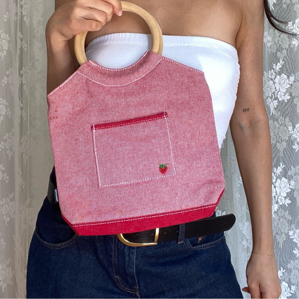 Unique Red Denim Handbag with Wooden Handle - Strawberry Embroidery